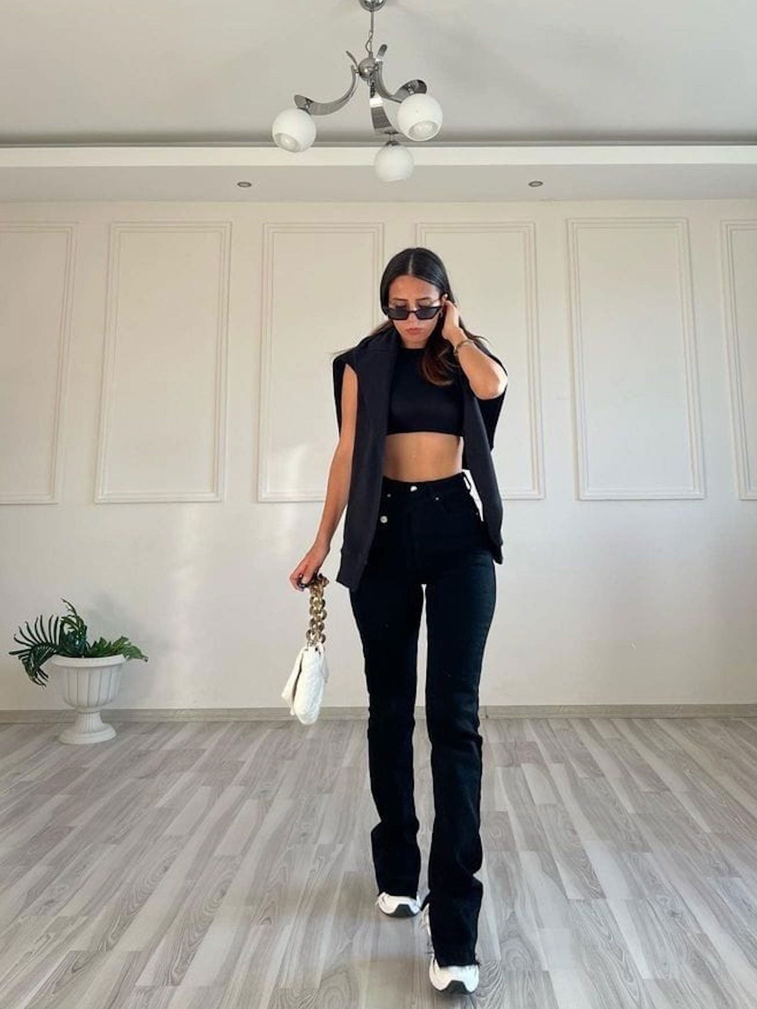 Street Style Black Flare Pants Outfit