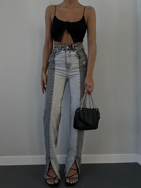 Two-Tone Front Slit Jeans