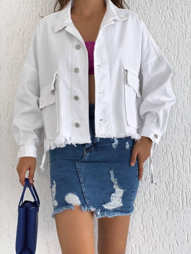 Ruched Back Drawstring Denim Jacket