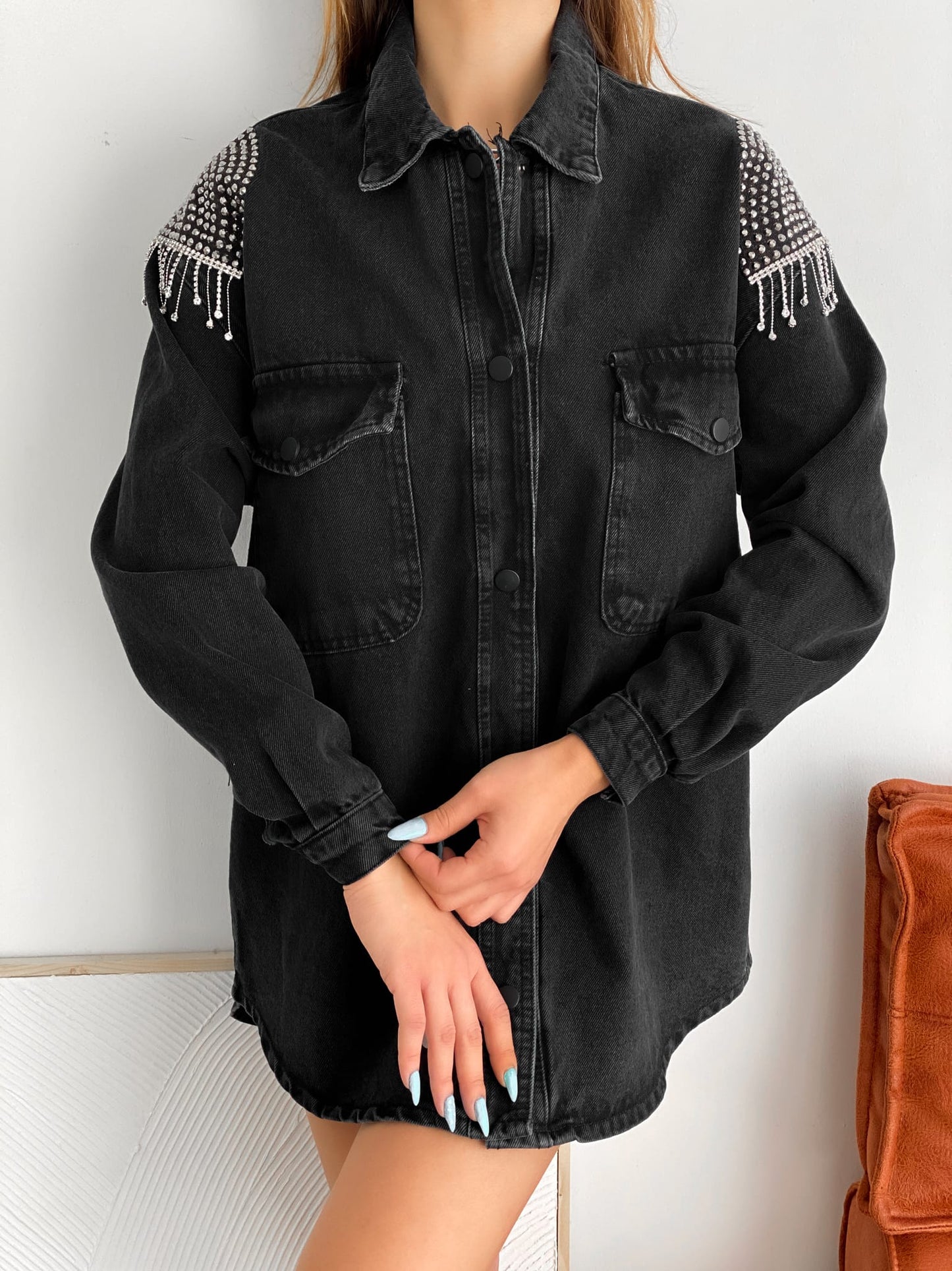 Beaded Shoulders Denim Shirt